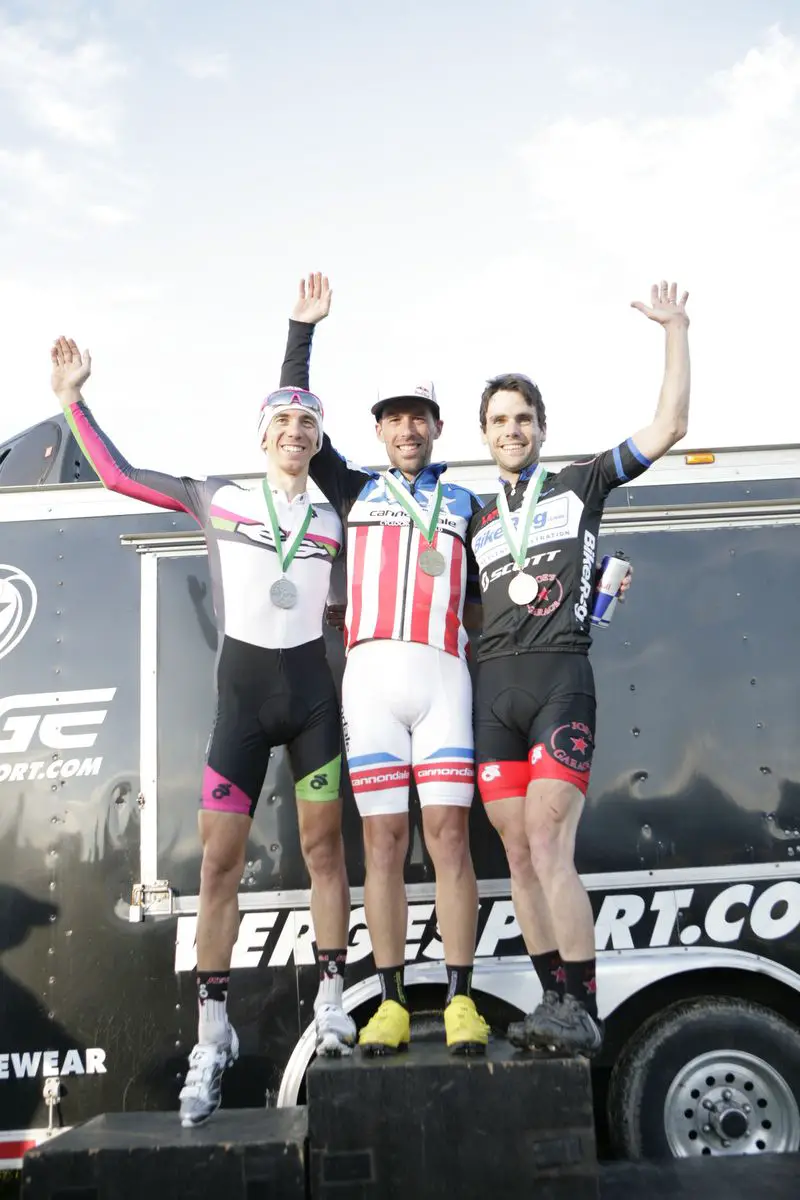 The men\'s podium: Johnson, Damiani, and Lindine. Green Mountain  2010 NECCS Opener at Catamount Cycling Center © Laura Kozlowski